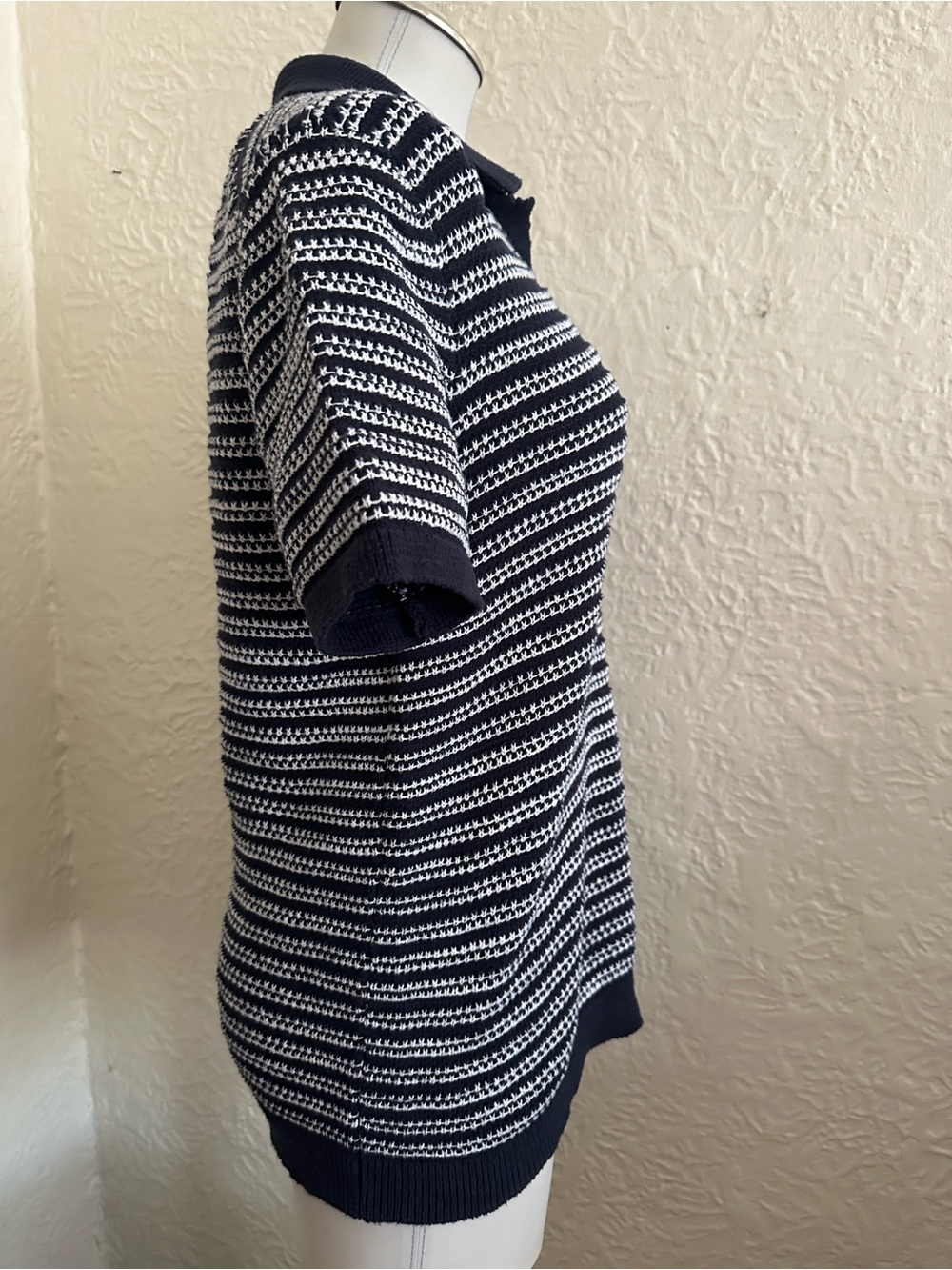 Abercrombie and Fitch Textural Stripe Johnny Collar Sweater Polo Dark Blue White - Picture 6 of 8